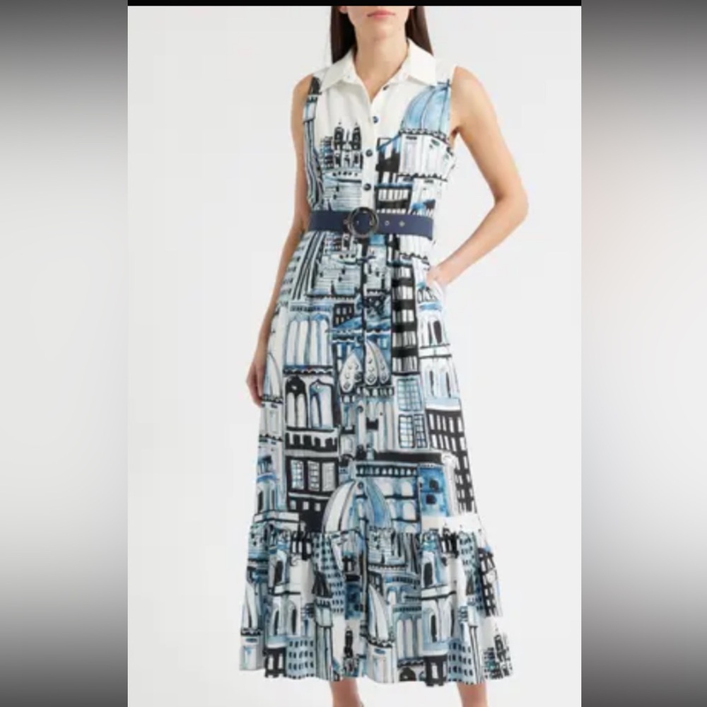 NewElie Tahari Sleeveless White Maxi Dress with Blue Black Cityscape Print size8 - Picture 15 of 16
